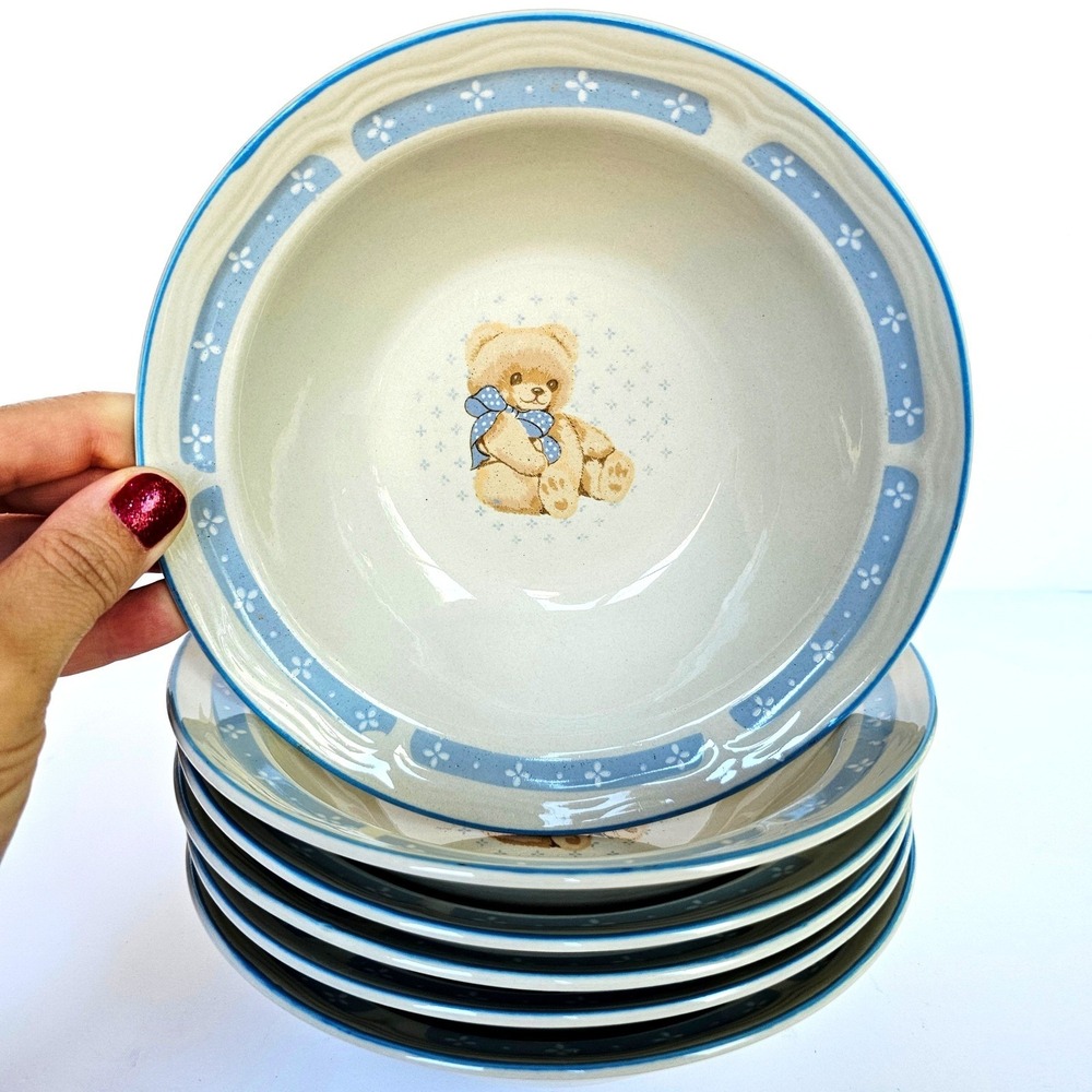 Vintage Set of 6 Tienshan Country Bear Cereal Soup Bowls Stoneware 7 inches 1566